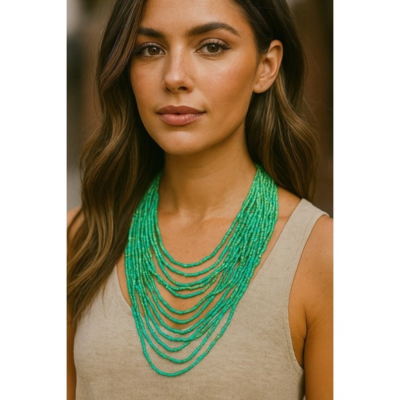 Gypsy Handmade Green Multistrand‎ Beaded Statement Necklace New - Picture 1 of 6